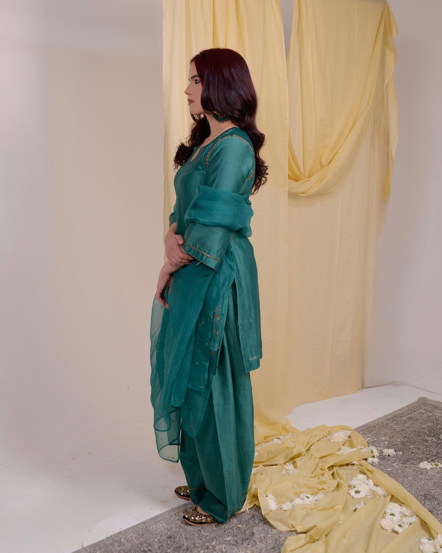 Teal green Chanderi Silk Salwar Kameez and a lightweight dupatta | Tarah by Tripti
