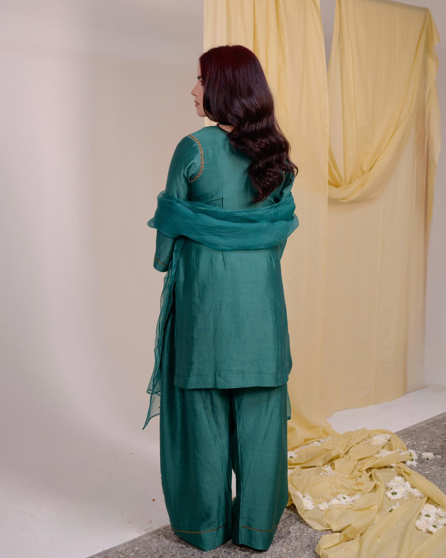 Teal green Chanderi Silk Salwar Kameez and a lightweight dupatta | Tarah by Tripti