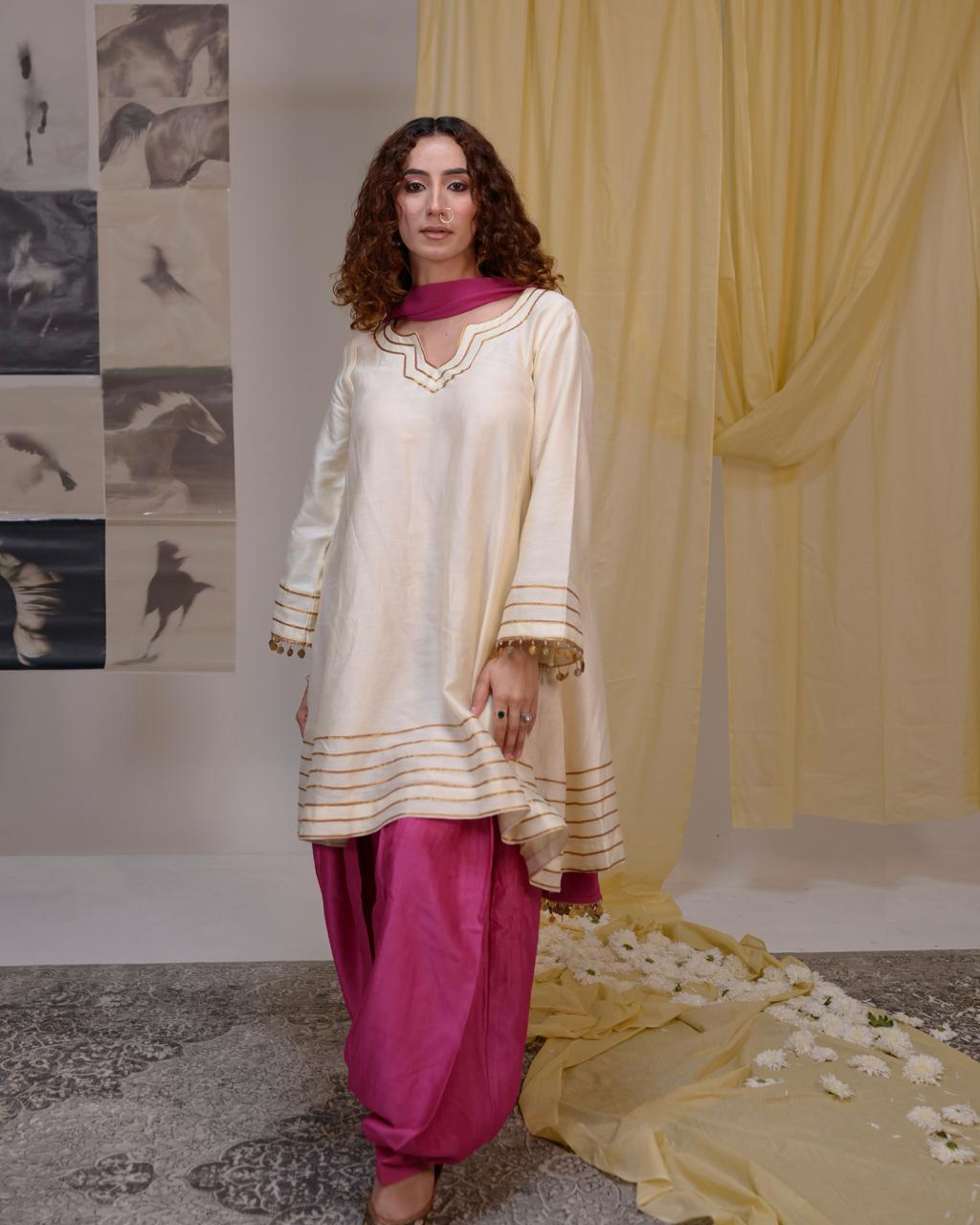 Ivory Kurta with Gold Detailing & Magenta Semi-Patiala Suit | Tarah by Tripti