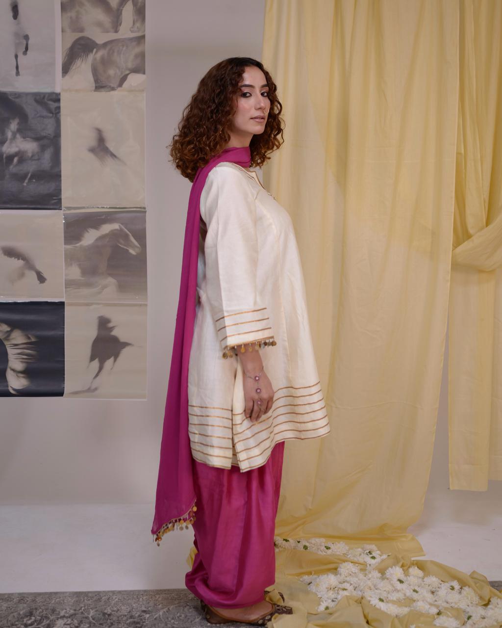 Ivory Kurta with Gold Detailing & Magenta Semi-Patiala Suit | Tarah by Tripti
