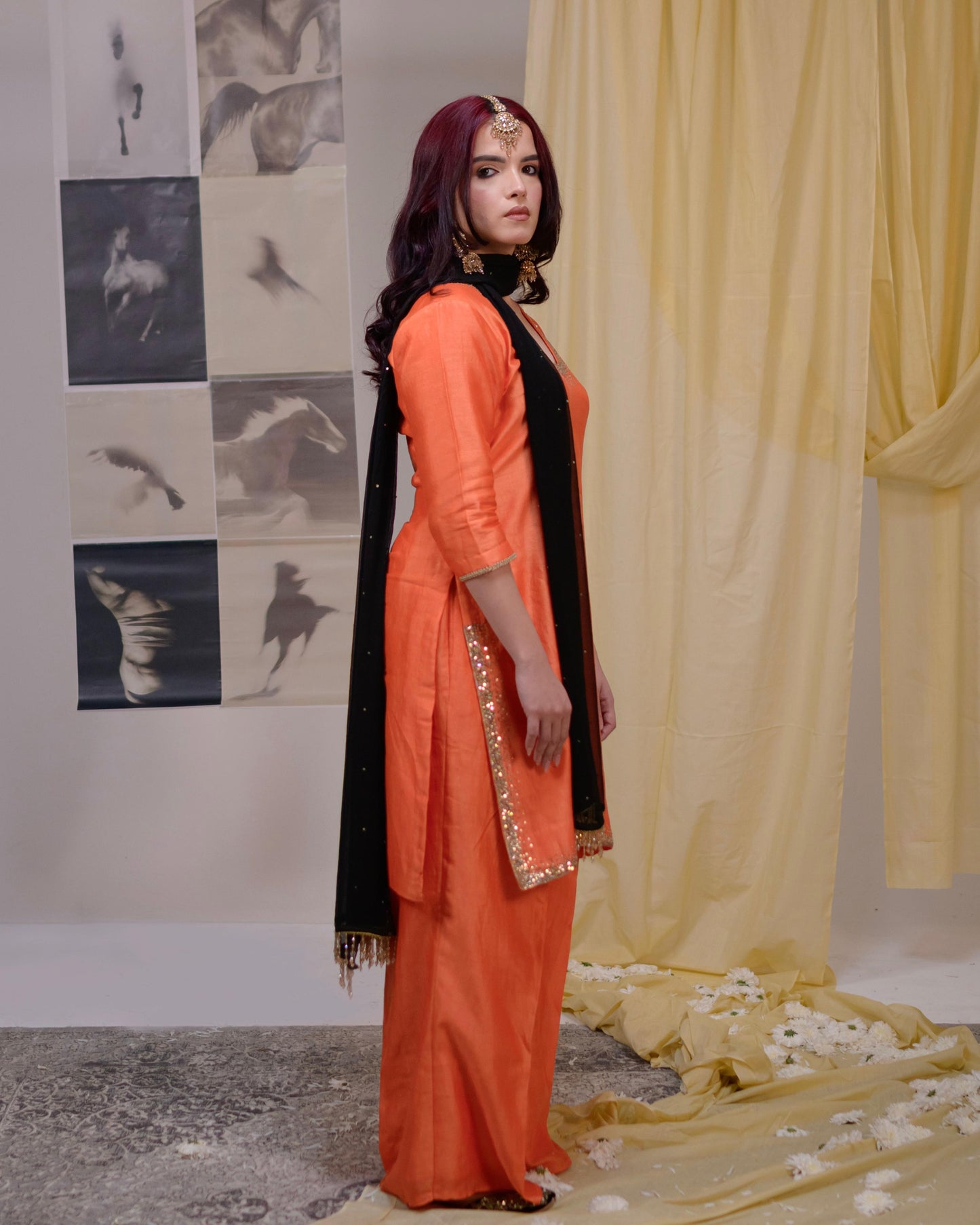 Orange Straight-Cut Suit with Black Sequin Dupatta | Tarah by Tripti