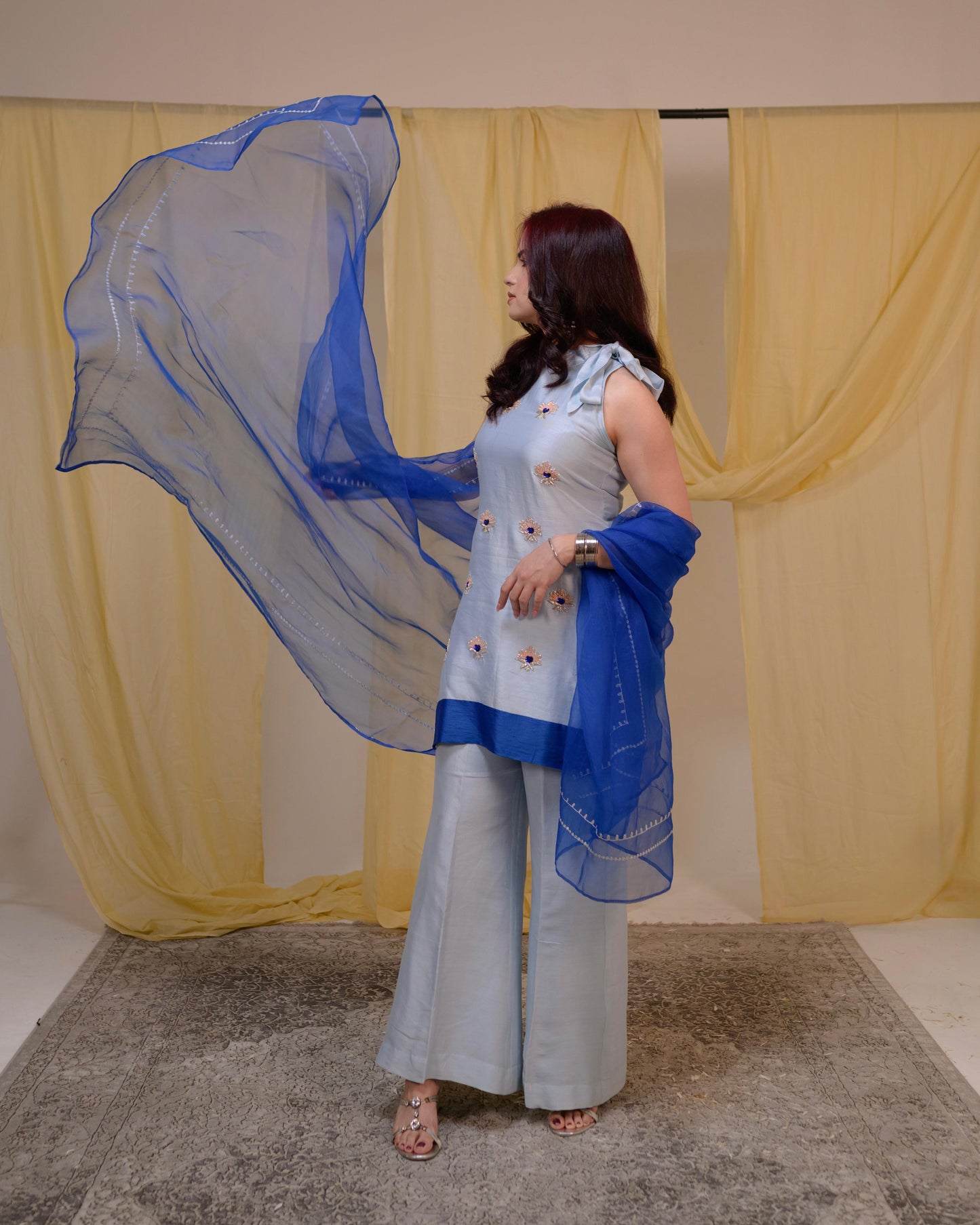 Powder Blue Palazzo Suit Set with Royal Blue Dupatta | Tarah by Tripti