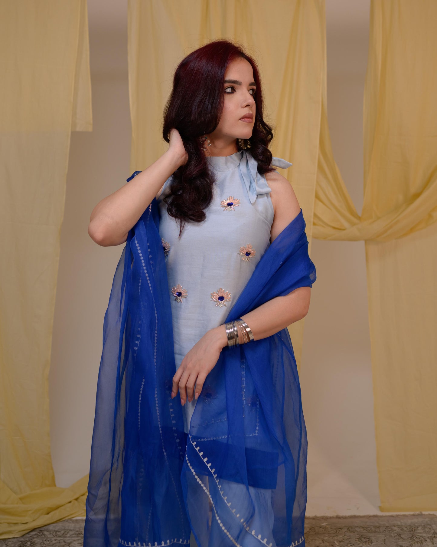 Powder Blue Palazzo Suit Set with Royal Blue Dupatta | Tarah by Tripti