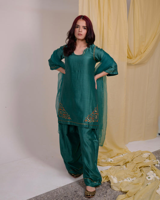 Teal green Chanderi Silk Salwar Kameez and a lightweight dupatta | Tarah by Tripti