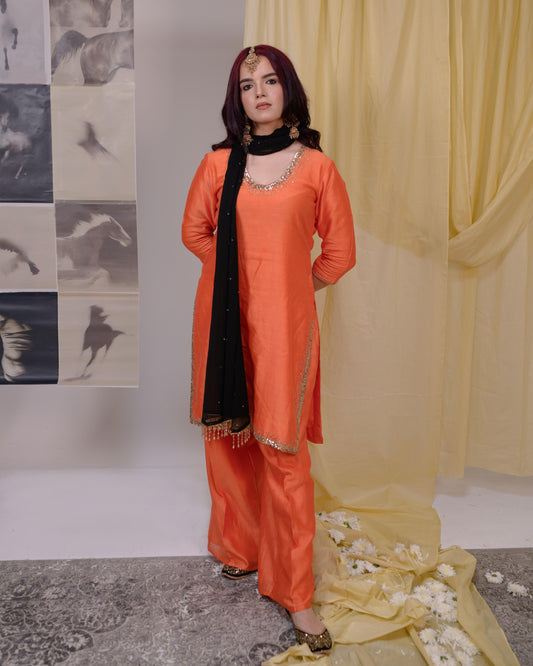 Orange Straight-Cut Suit with Black Sequin Dupatta | Tarah by Tripti