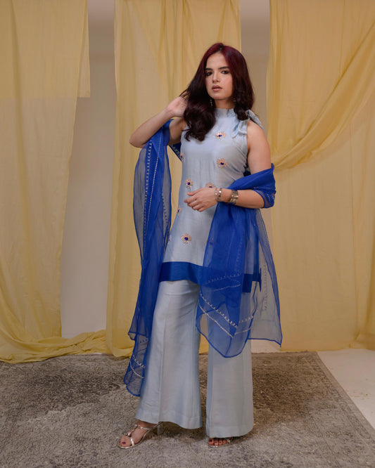 Powder Blue Palazzo Suit Set with Royal Blue Dupatta | Tarah by Tripti