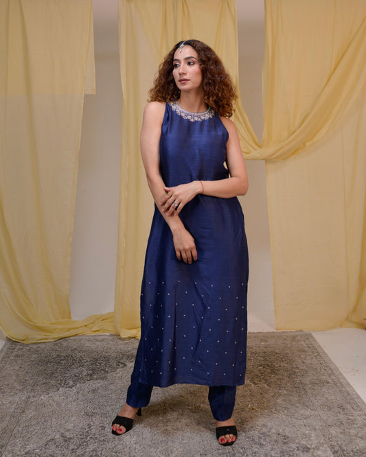 Navy Blue Silk Kurta Set with Removable Sleeves | Tarah by Tripti