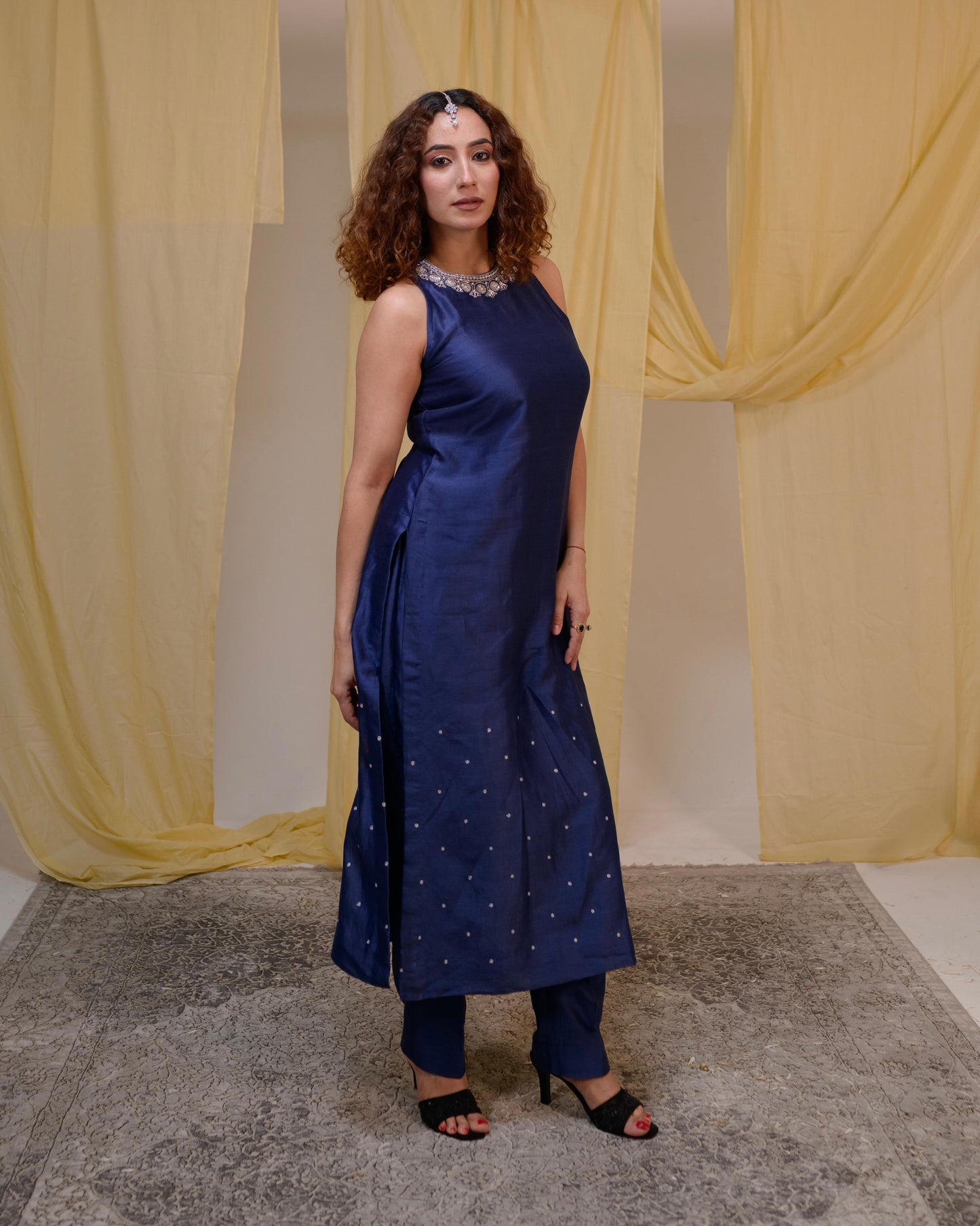 Navy Blue Silk Kurta Set with Removable Sleeves | Tarah by Tripti